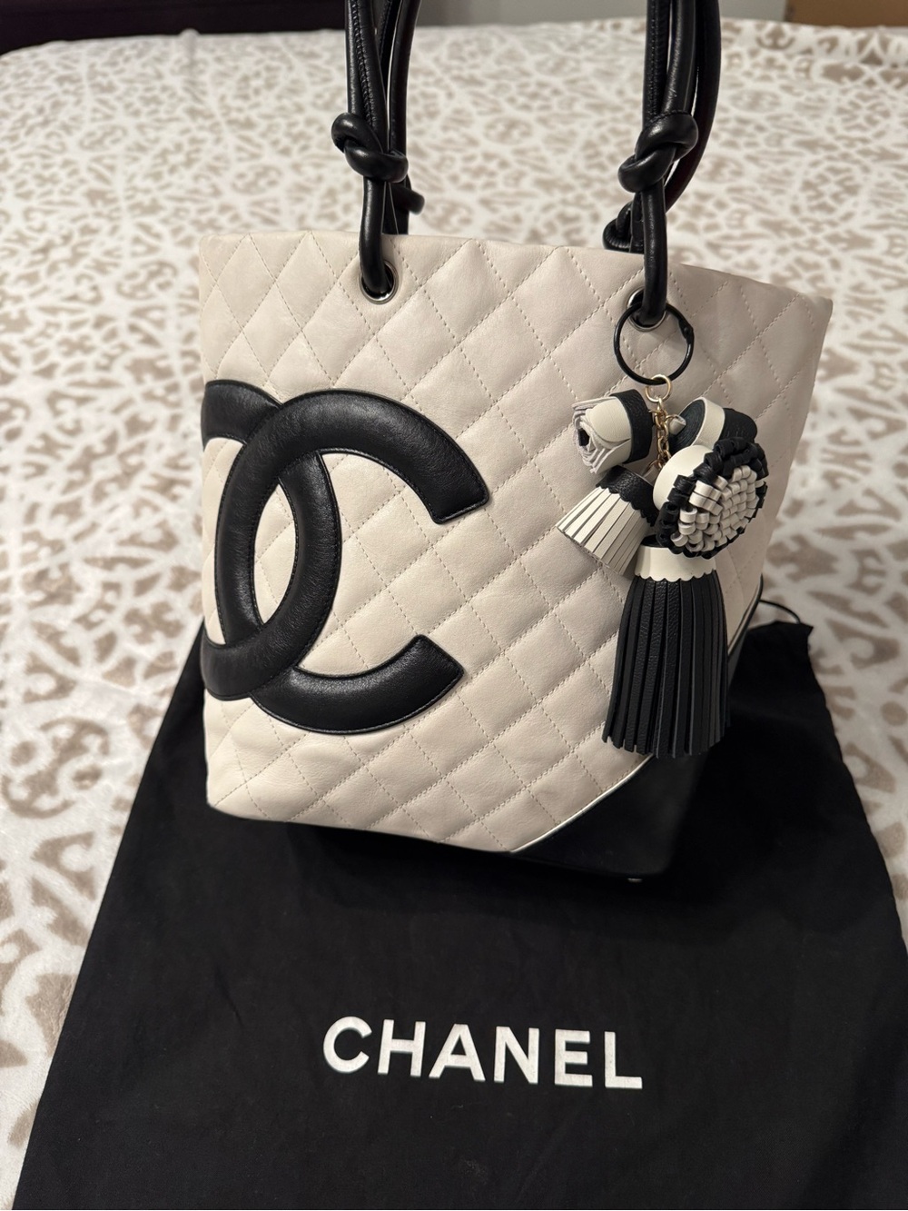 CHANEL Cambon Ligne Black and White Quilted Small Tote Bag